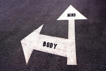 mind and body concepts. dichotomy represented with words written on road arrows
