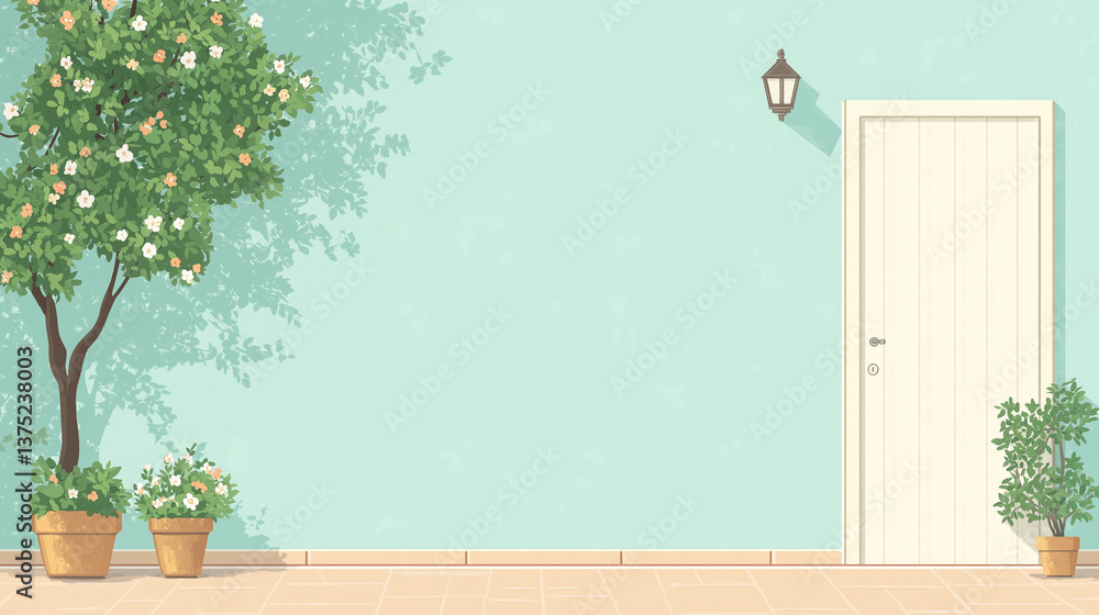 Poster tranquil scene: serene outdoor space with a tree casting shadows on a wall. it is a soft color, addi