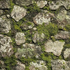 Ancient Stone Wall with Moss: This image showcases a close-up of an aged stone wall, weathered by time and adorned with vibrant patches of green moss, creating a textured and organic display.