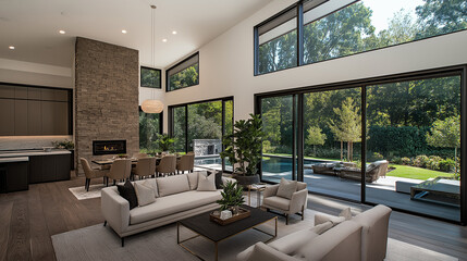 Luxurious Living Room with Nature View: An inviting, open-concept living space with floor-to-ceiling windows showcasing a lush outdoor scene. The room features modern furnishings, a fireplace.
