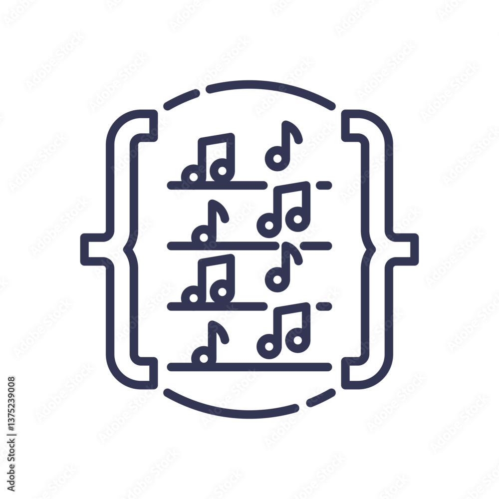 Poster musical notes within code brackets symbolize the fusion of music and technology.