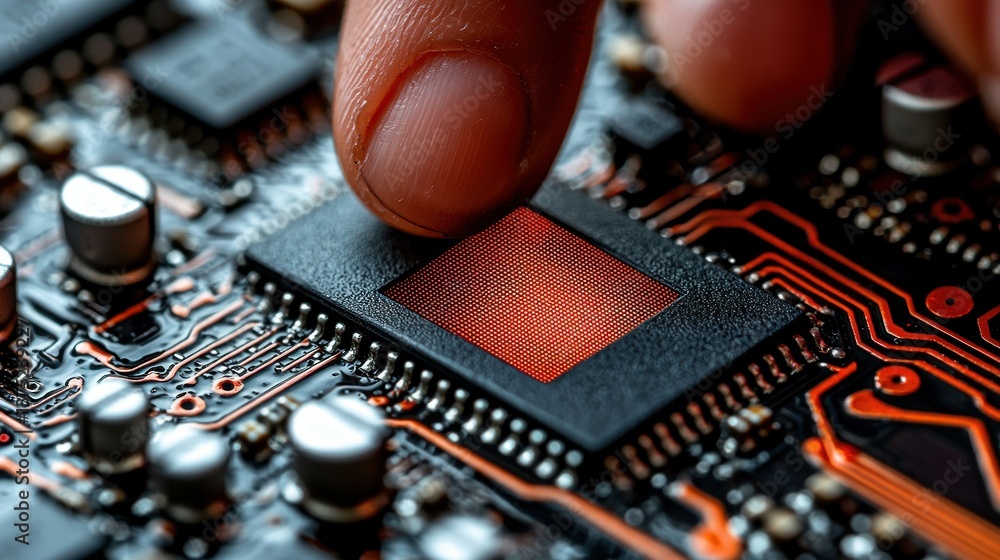 Poster close-up of a finger touching a microchip on a circuit board