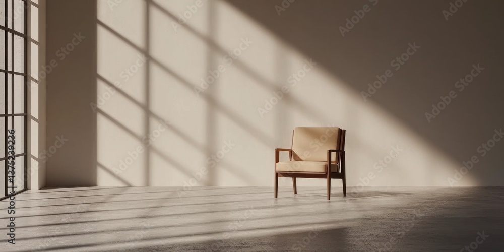Poster a single armchair sits in a minimalist room bathed in sunlight streaming through a large window.