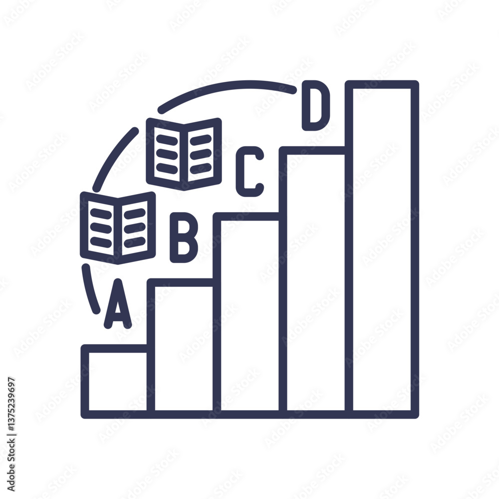 Poster bar chart with books and letters symbolizes learning progression and mastery.