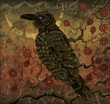 Fantasy illustration with gothic crow or raven against textured background with blooming tree branch and moon at night. Hand drawn artwork, mystic and fairy tale magic concept