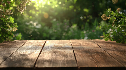 Fototapeta premium Wooden Tabletop in Garden: A rustic wooden table stands proudly amidst a lush garden, bathed in natural sunlight and framed by vibrant greenery.