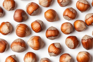 Hazelnuts in Shell Isolated on White Background Close-up Overhead View