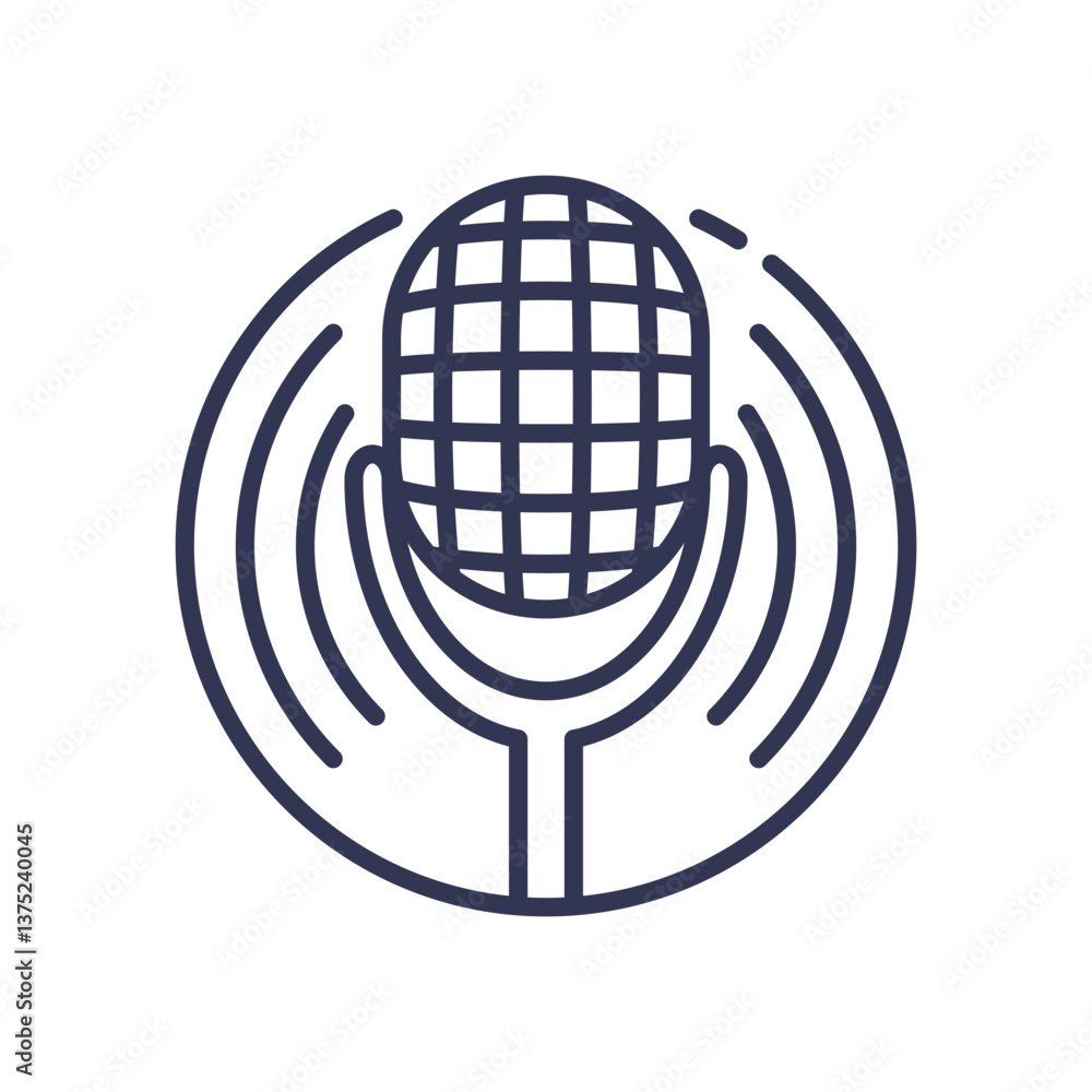 Poster line art of a microphone with sound waves, symbolizing audio recording and broadcasting.