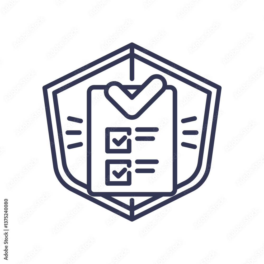 Poster checklist and shield symbolize adherence to standards and quality assurance.