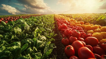Vibrant rows of vegetables in a sunlit agricultural field during harvest season