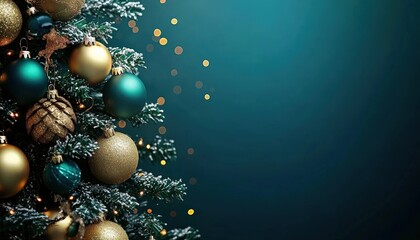 Christmas Tree Decorated with Teal and Gold Ornaments