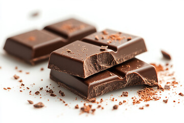 Rich, creamy chocolate bars with smooth texture are stacked, showcasing bitten piece and scattered crumbs, evoking sense of indulgence and delight