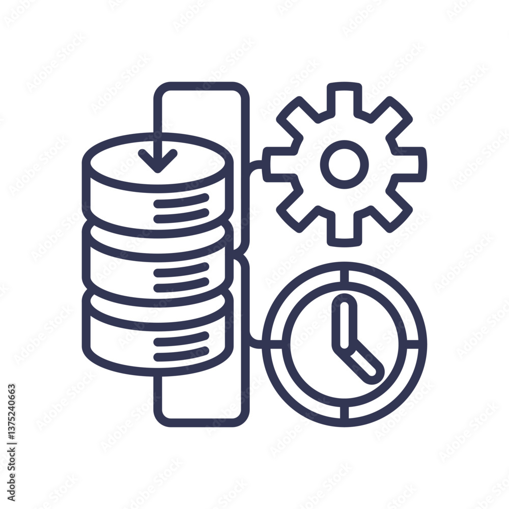 Poster illustration of data storage, gear, and clock symbolizing automated management.