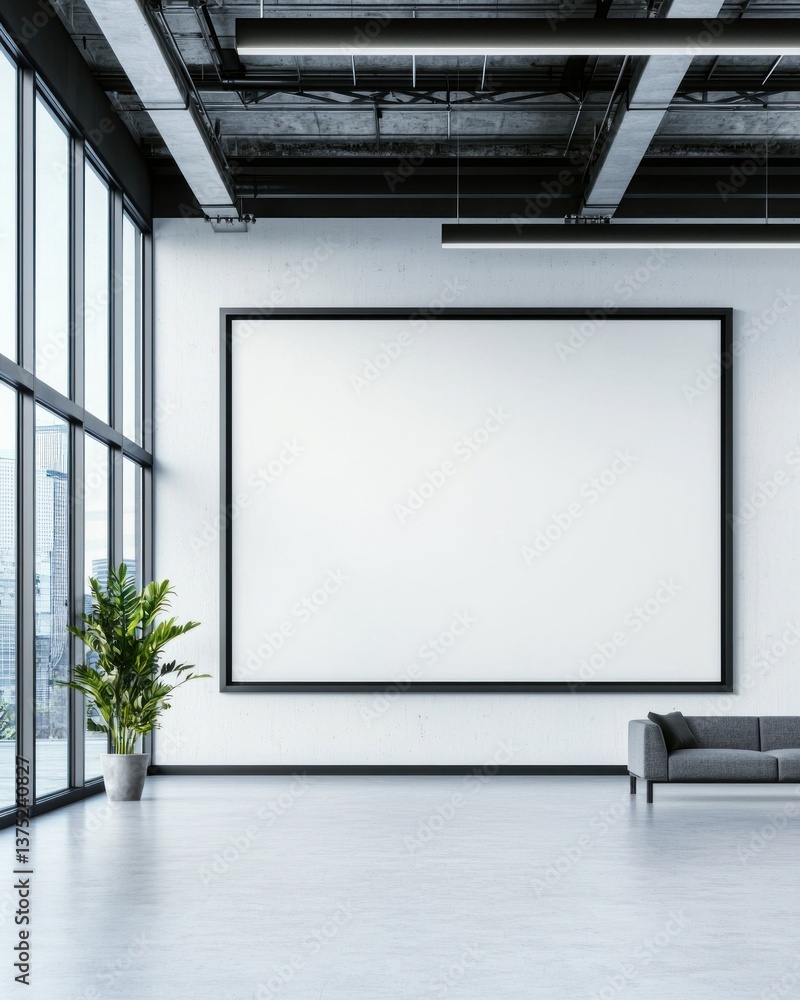 Poster a large blank s in a modern minimalist loft apartment with floor to ceiling and a gray sofa.
