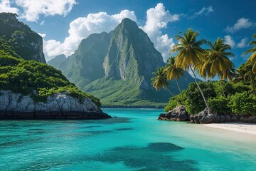 Fototapeta premium Stunning Tropical Island Cove with Crystal Clear Turquoise Waters in a Gorgeous Caribbean Paradise