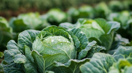 Freshly grown cabbage in a lush agricultural field after morning rain in rural landscape showcasing healthy produce