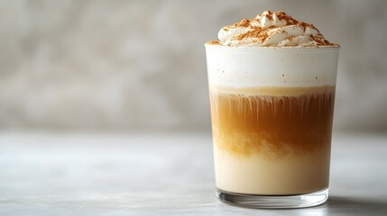 A delicious iced coffee drink layered with creamy whipped topping and sprinkled with cinnamon sits on a light gray surface.