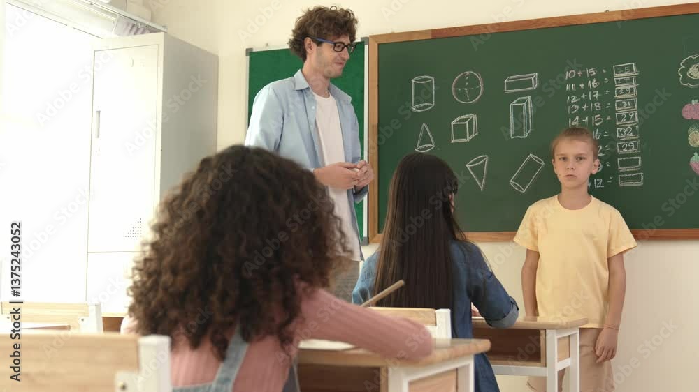 Aufkleber professional teacher talking and explain idea to asian child during class. caucasian student listeni