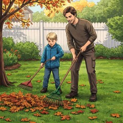 Father and son raking autumn leaves in the garden