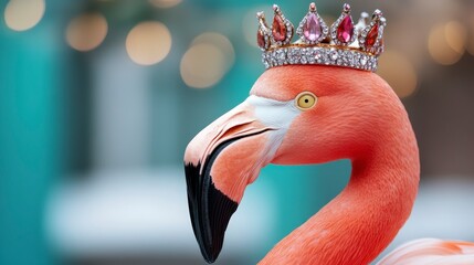 Graceful Flamingo Wearing Jeweled Crown in Holiday Themed Scene