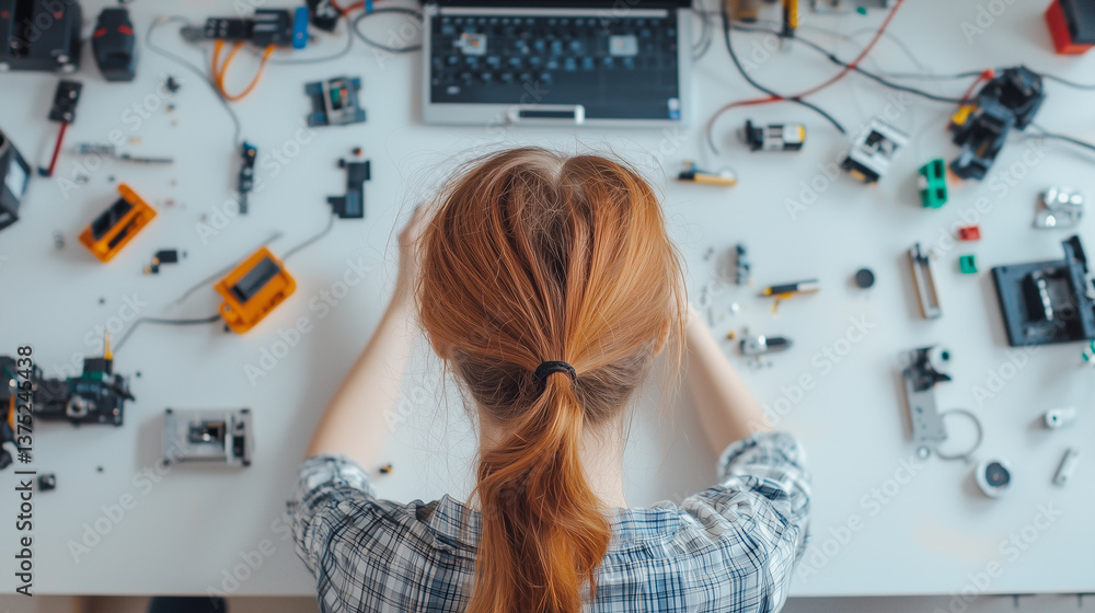 Poster woman working on robotics project in tech lab, surrounded by electronic components and tools