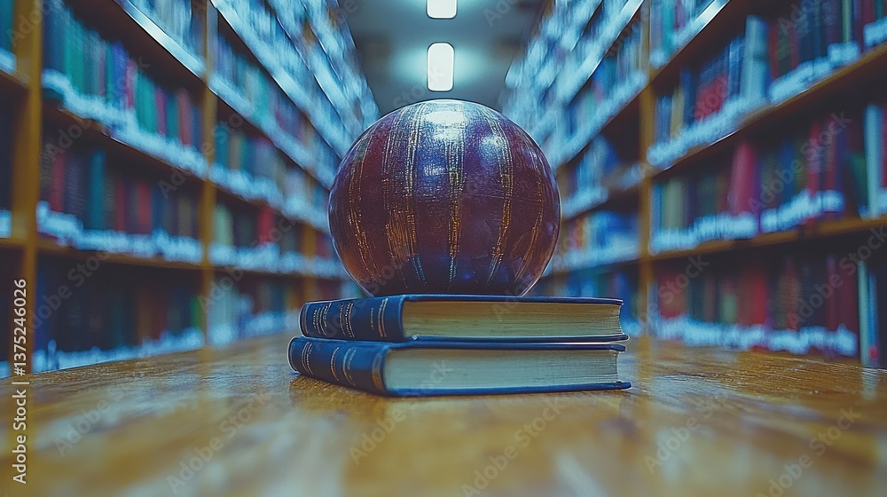 Poster globe on books in a library: a study in knowledge and exploration