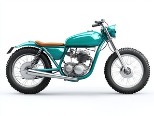 Obraz premium Teal Vintage Scrambler Motorcycle on White Background