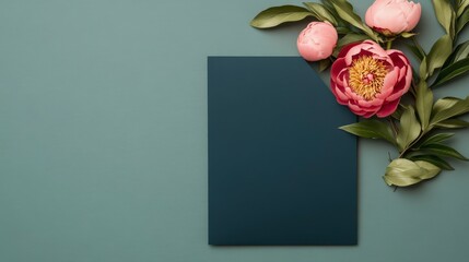 Fototapeta premium Elegant Dark Blue Wedding Invitation with Moody Floral Accents on a Soft Green Background