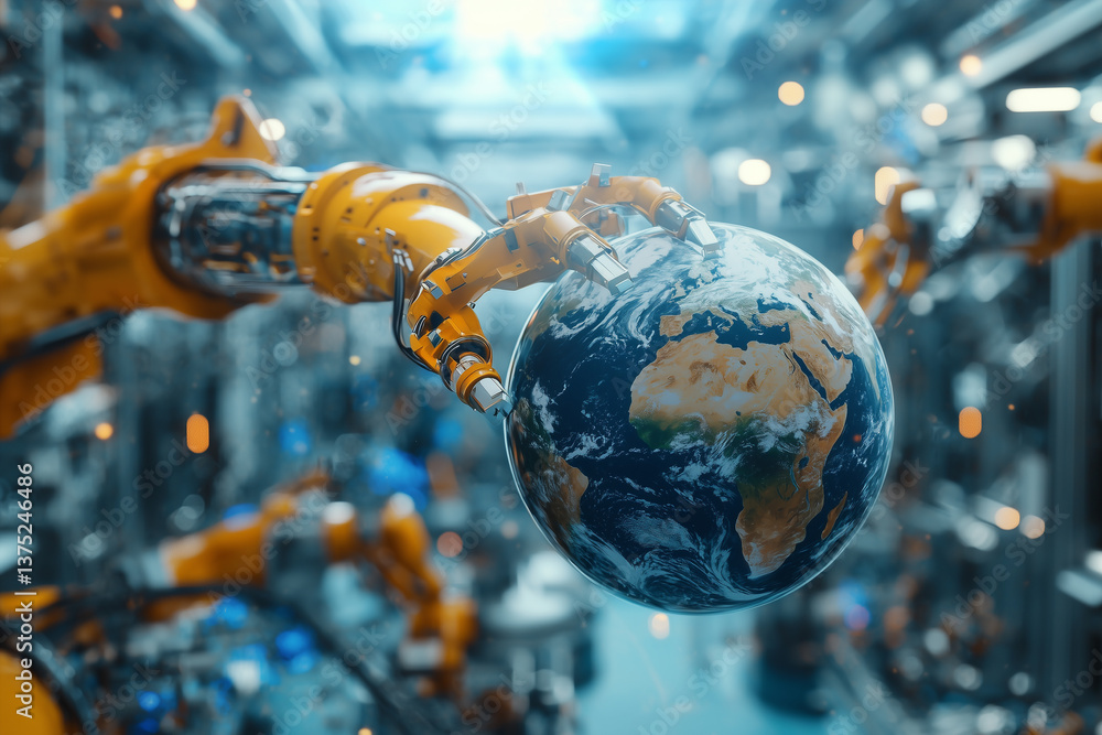 Aufkleber robotic arms assembling globe in futuristic factory, symbolizing innovation and global collaboration