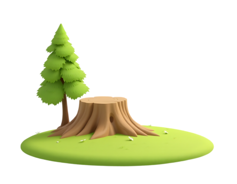 Cartoon illustration of a tree and a tree stump on a green island.