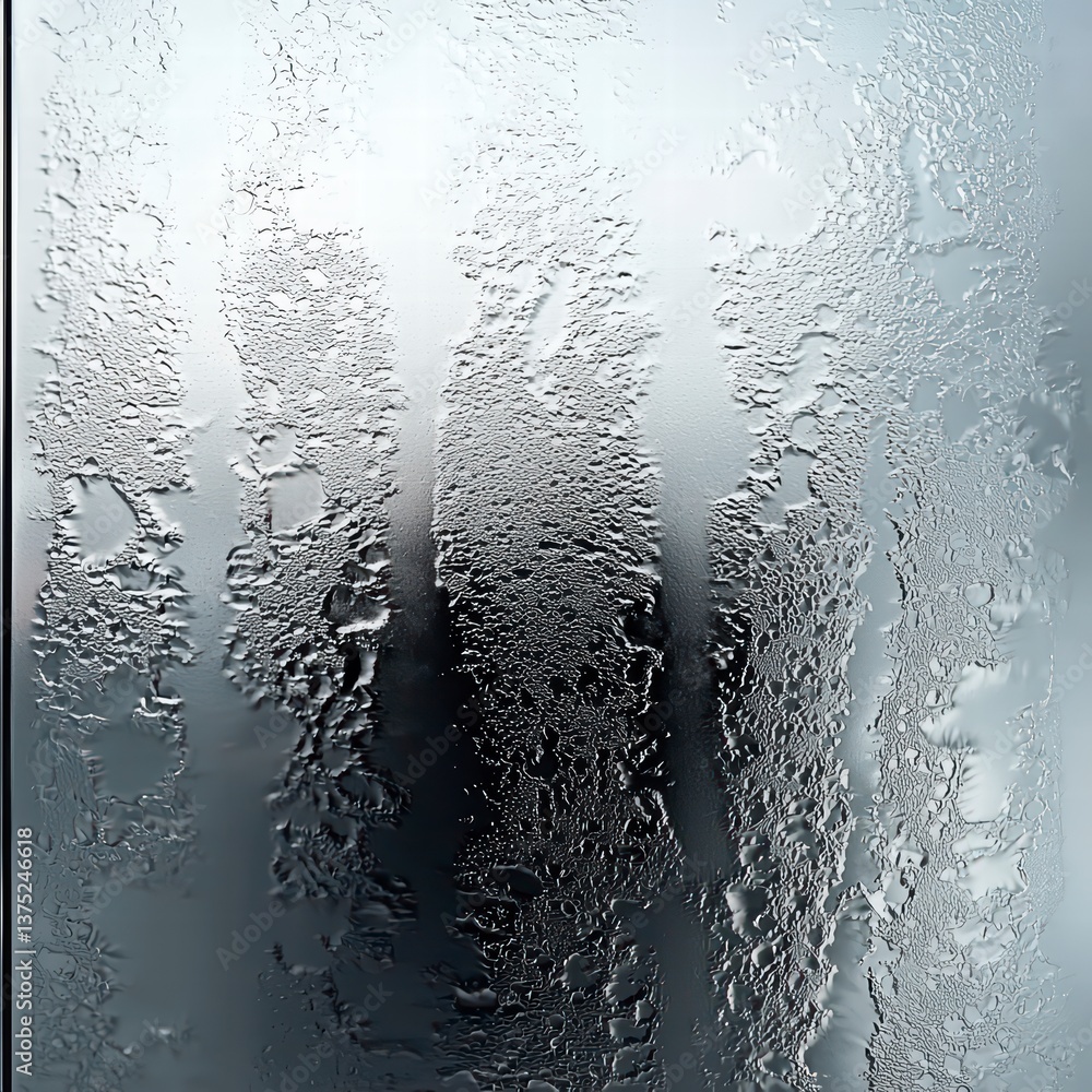 Poster damp glass: condensation forms on a glass surface, creating intricate patterns of droplets and strea