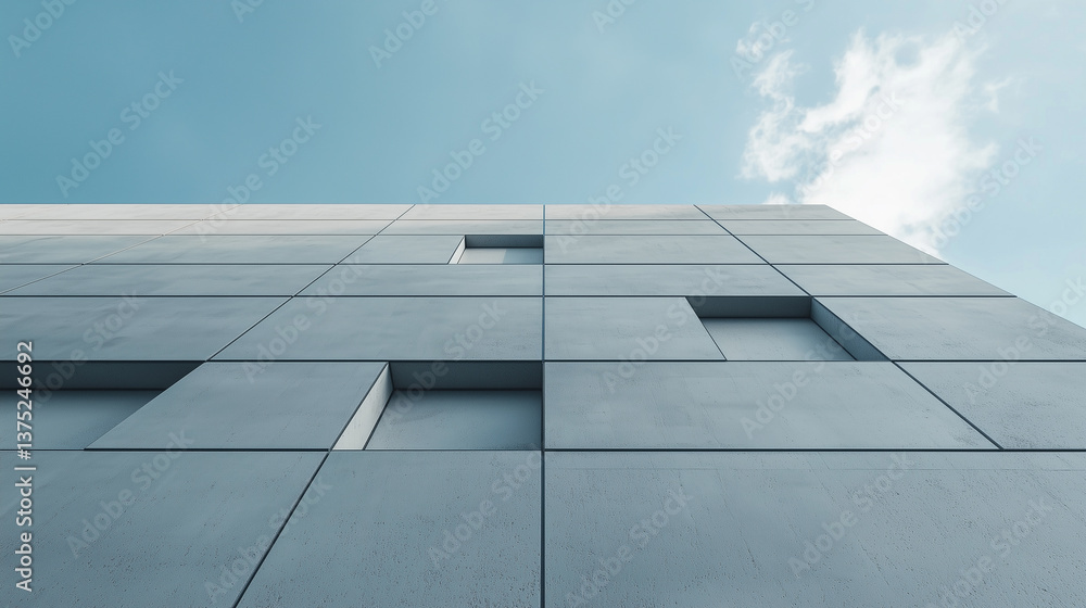 Poster modern concrete building facade with geometric patterns and windows under clear blue sky