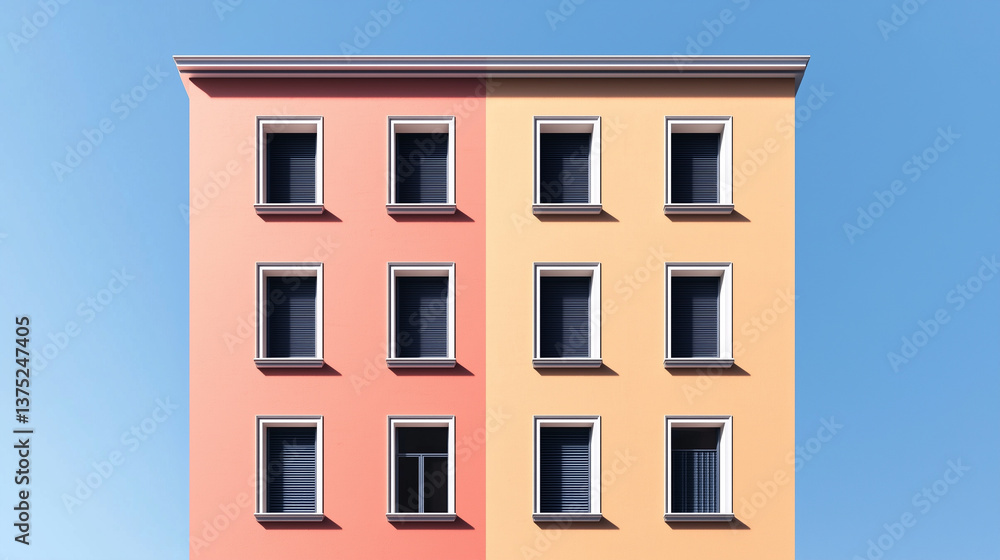Poster vibrant building facade with minimalist design, featuring split tone color scheme of pink and yellow