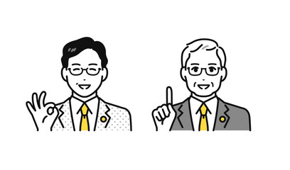 笑顔で説明をする士業のミドル世代・シニア世代の男性のシンプルな人物アイコンセット