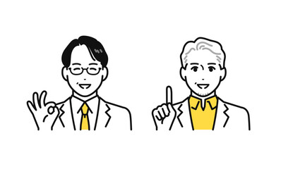 笑顔で説明をする白衣を着たミドル世代・シニア世代の男性のシンプルな人物アイコンセット