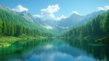 Fototapeta premium Serene Mountain Lake: A Breathtaking Alpine Landscape