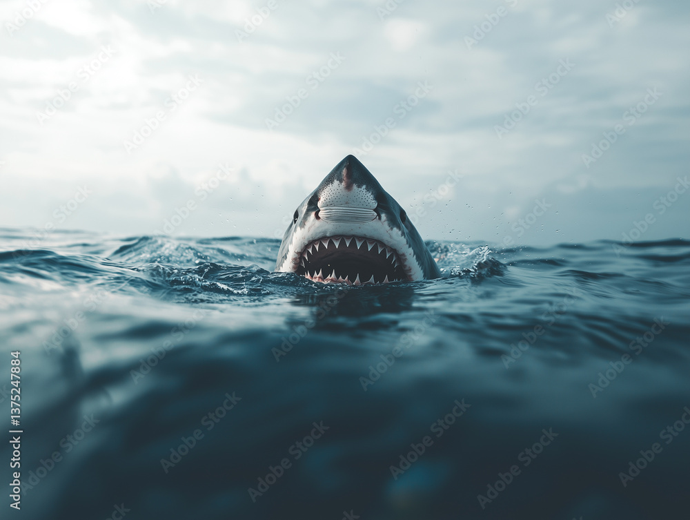Aufkleber great white shark breaching water with its jaws open, showcasing its sharp teeth in dramatic ocean s