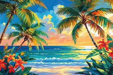 Obraz premium Lively Tropical Summer Abstract Featuring Palm Leaves and Bright Blue Skies