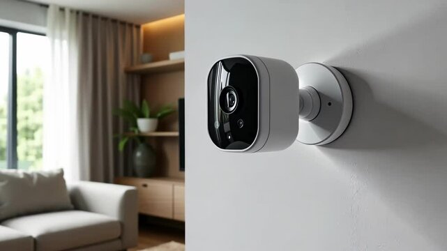 Smart home security camera installation in modern living room setting