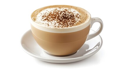 Fototapeta premium A delicious cappuccino in a white cup sits on a saucer against a pure white background perfect for cafe menus or coffee shop advertisements.