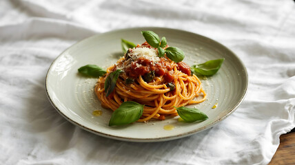 Delicious spaghetti with seafood and shrimp topped with tomato sauce, served with a side of healthy vegetables and basil