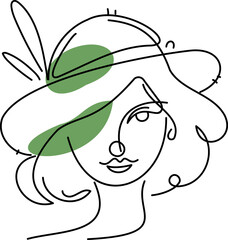 Elegant one-line drawing of a woman wearing a decorative hat with flowing hair, representing beauty, confidence, and modern style.