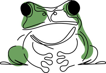 Creative line art illustration of a frog in a sitting position with bold eyes and green highlights, symbolizing nature and simplicity.