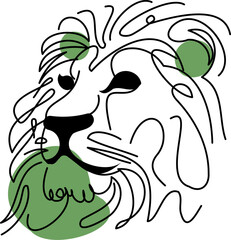 Stylized one-line drawing of a lion head in profile view, showcasing bold mane and strength with abstract green highlights.