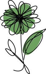 Minimalist line art illustration of a blooming flower with green leaves, symbolizing nature, growth, and artistic simplicity.