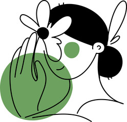 Minimalist line drawing of a woman with dark hair holding a daisy flower over her eye, expressing beauty, playfulness, and nature.