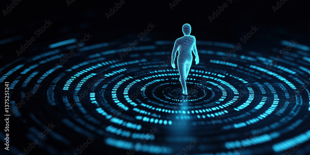 Poster glowing digital human figure surrounded by circular data streams, symbolizing ai and technology