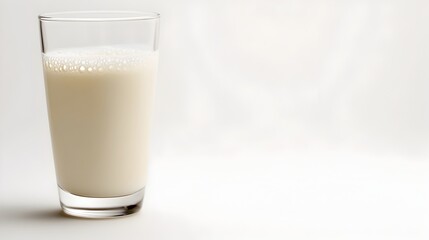 A tall glass of fresh milk sits on a bright white background providing a clean and refreshing image perfect for dairy product advertising.