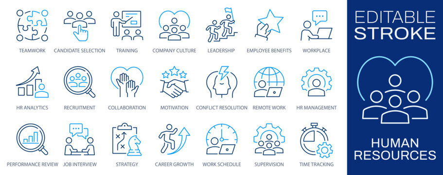 Human resources icons, such as recruitment, hr management, collaboration, teamwork and more. Editable stroke. Change to any size and any color.