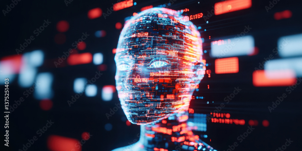 Poster glowing digital humanoid face with red and blue data streams, symbolizing ai intelligence